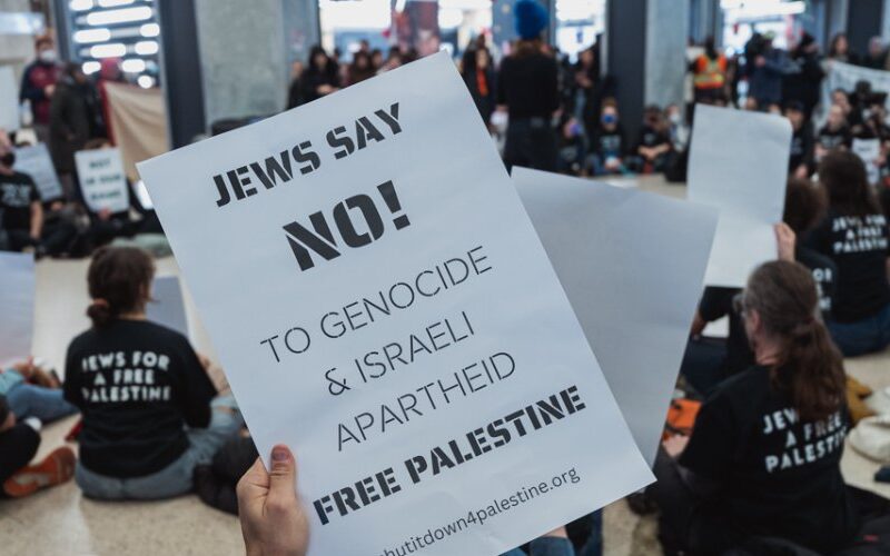 A sign from a Jews Say No to Genocide rally.