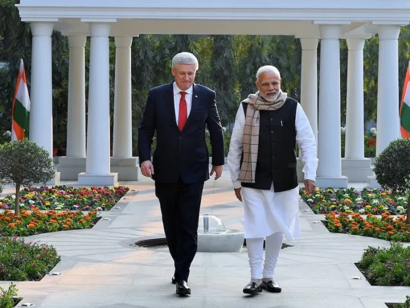 Former Canadian PM Stephen Harper takes a walk down the garden path with his friend Narendra Modi, Prime Minister of India.