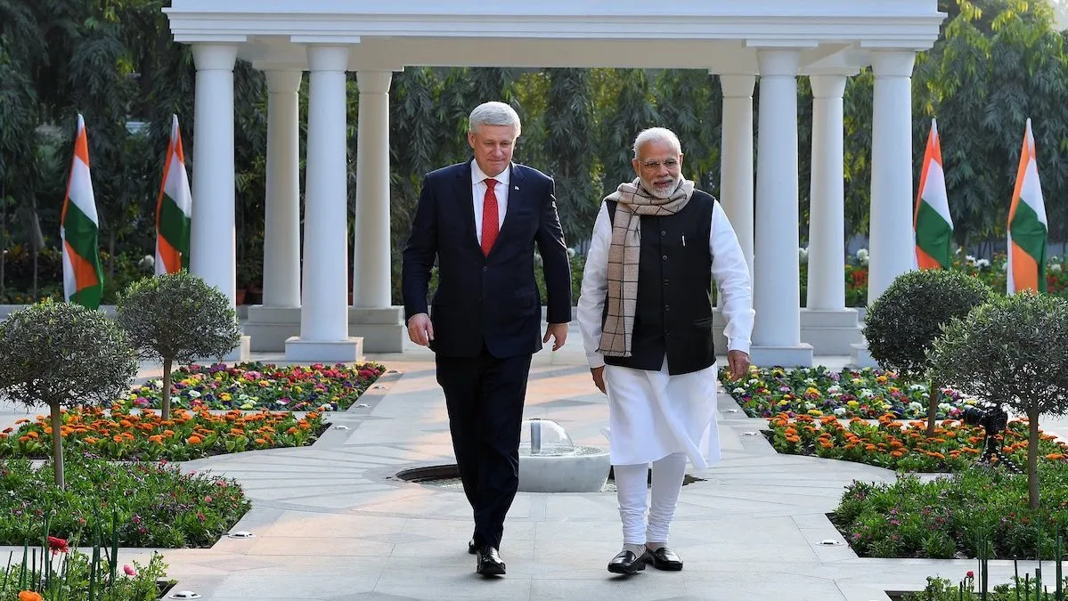 Former Canadian PM Stephen Harper takes a walk down the garden path with his friend Narendra Modi, Prime Minister of India.