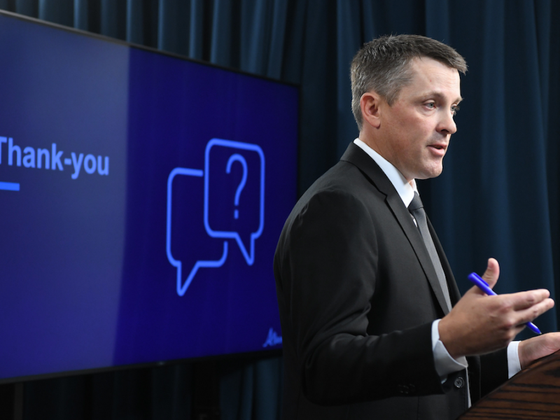 Alberta Finance Minister Nate Horner, taking questions at a press conference.