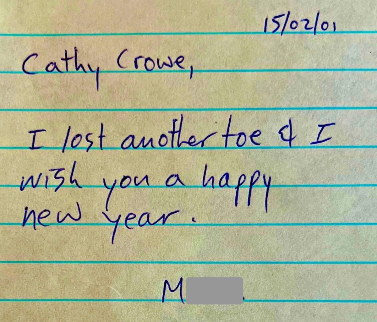 A patient’s note to Cathy.