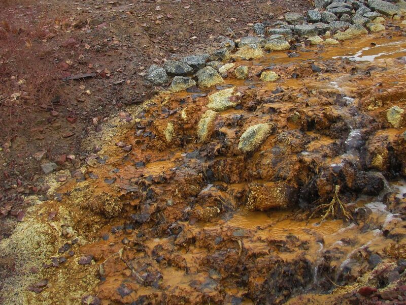 An image of polluted water near a mercury mine. Long Point First Nation is concerned about the environmental impacts of a proposed mining project nearby.