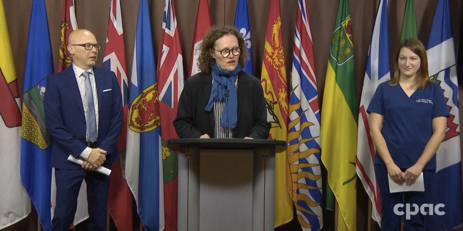 Steven Staples (left), Anne Lagacé Dowson and Dr. Melanie Bechard at a press conference in Ottawa on November 18, 2024.