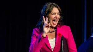 Alberta Premier Danielle Smith celebrates her 91.5 per cent approval rate in her leadership review at the UCP’s AGM in Red Deer.