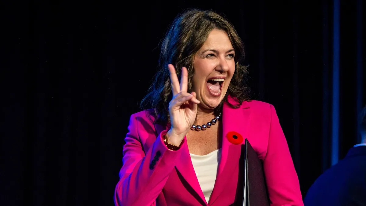 Alberta Premier Danielle Smith celebrates her 91.5 per cent approval rate in her leadership review at the UCP’s AGM in Red Deer.