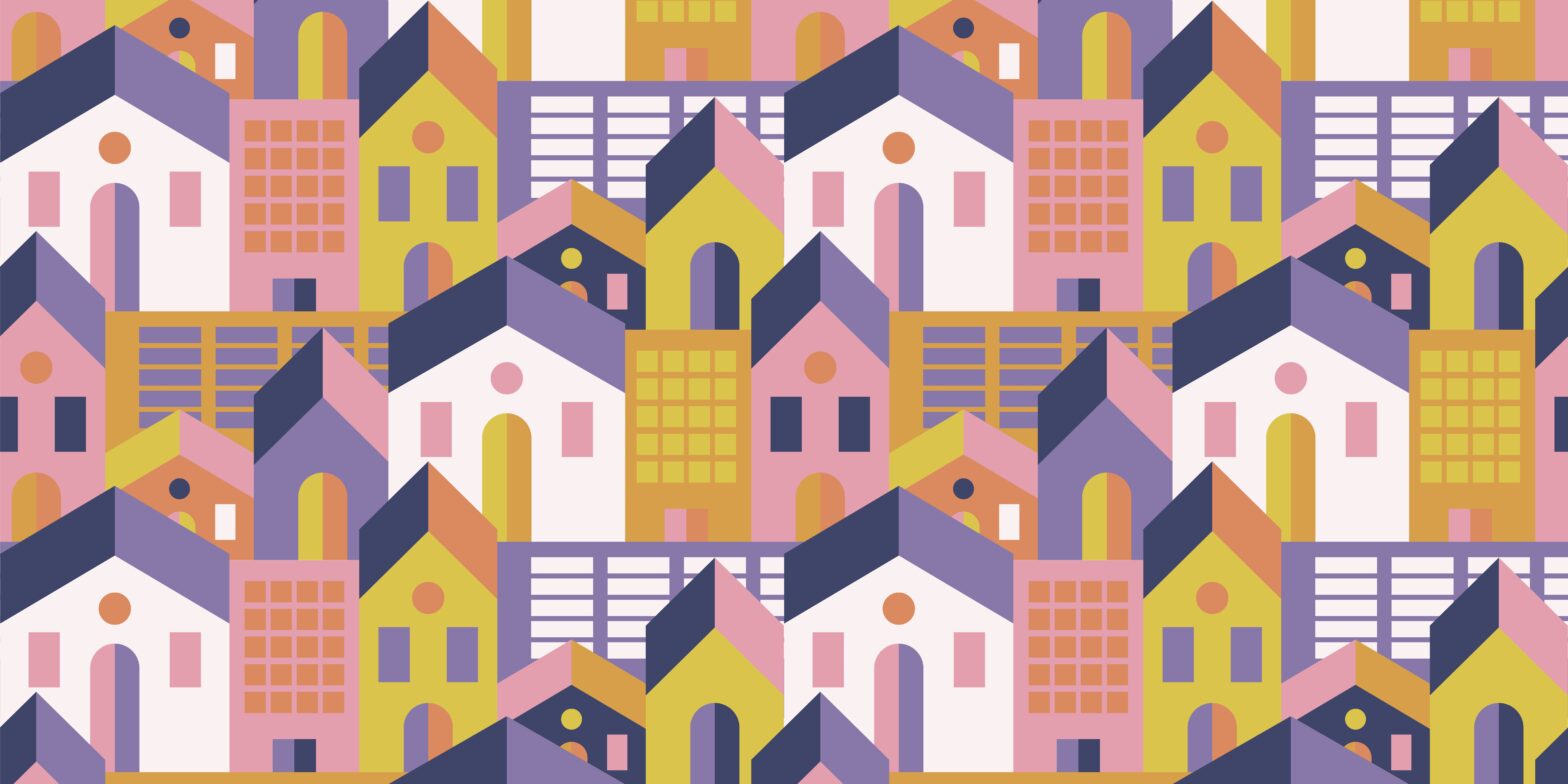 Digital art of homes. CUPE is calling for measures that acknowledge housing as a human right, including social housing.