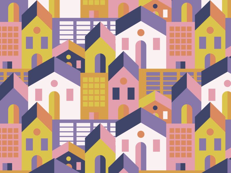 Digital art of homes. CUPE is calling for measures that acknowledge housing as a human right, including social housing.