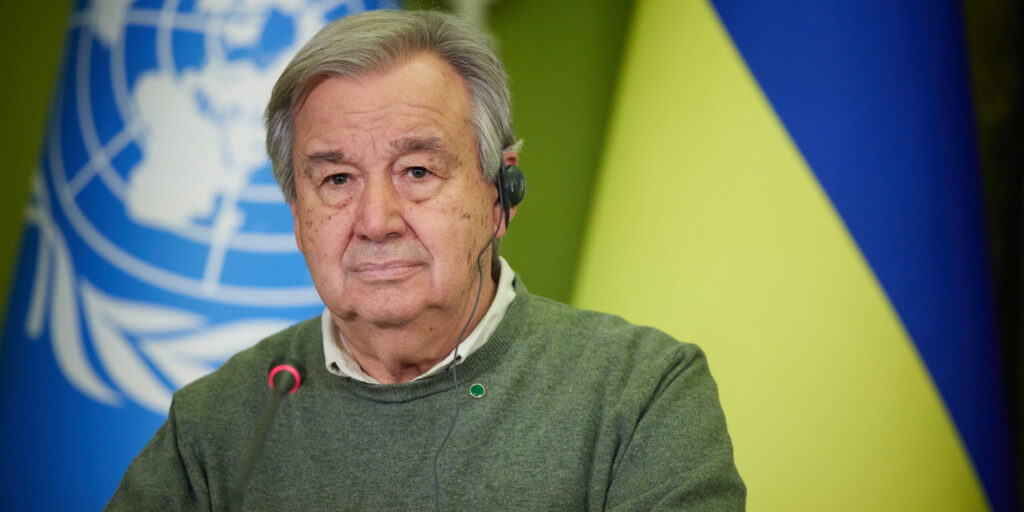 UN Secretary-General António Guterres speaking in Ukraine in April of 2022.