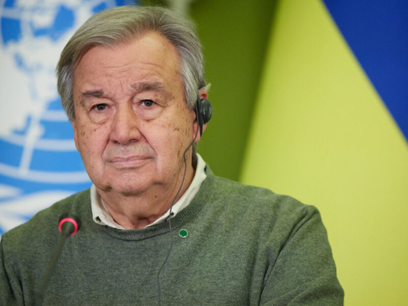 UN Secretary-General António Guterres speaking in Ukraine in April of 2022.