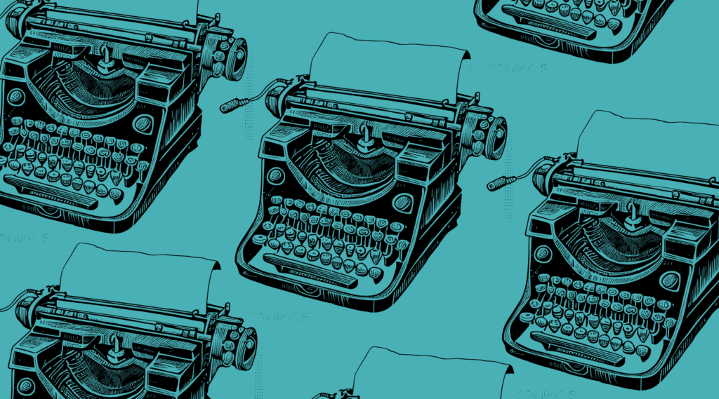 A collage of typewriters against a blue background.