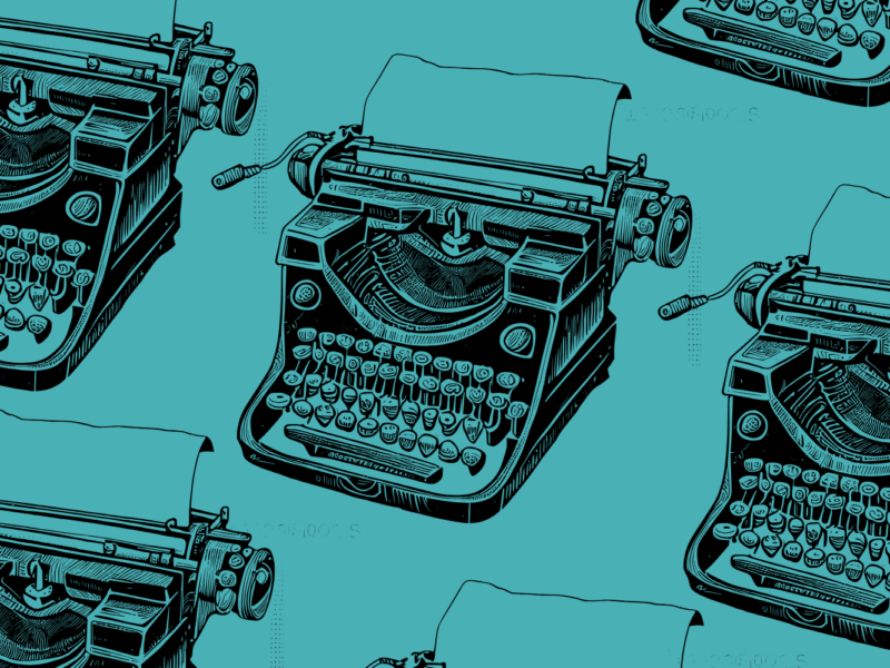 A collage of typewriters against a blue background.