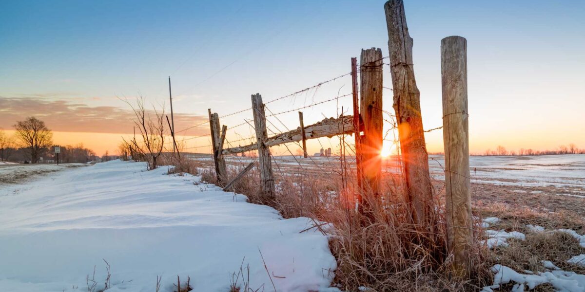 The sun rising over a farm in winter.