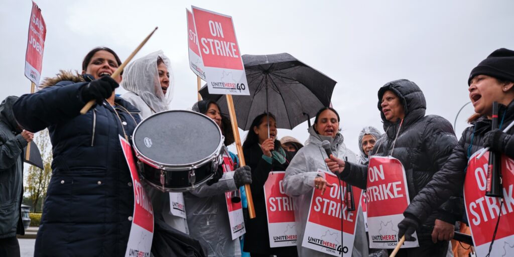 Radisson Blu YVR hotel workers with UniteHere! Local 40 on the picket lines.