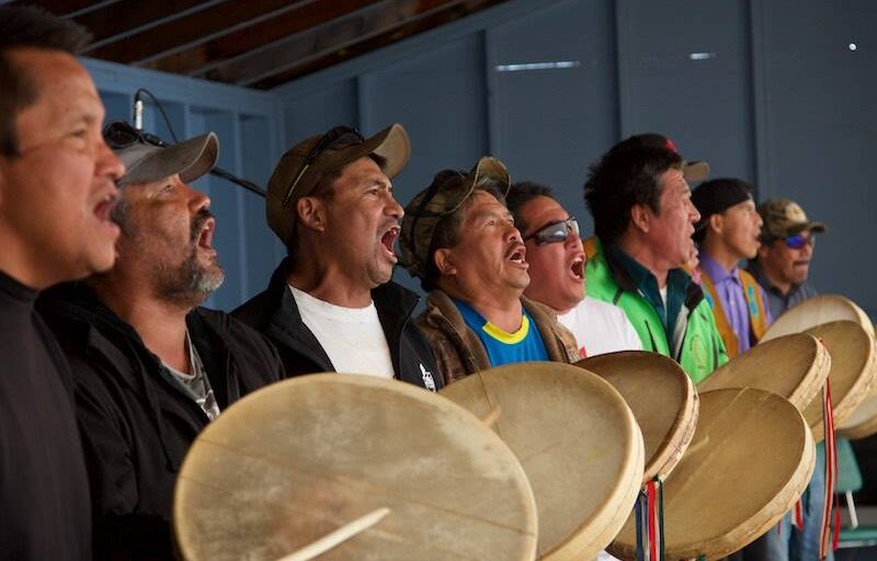 Tetlit Zheh drummers at the summer Midway Lake Festival.