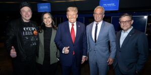 The far-right leadership of the United States, pictured from left-to-right: world's richest person Elon Musk, Republican nominee for National Security Advisor Tulsi Gabbard, President-elect Donald Trump, Republican nominee for the Department of Health and Human Services Robert F. Kennedy Jr., and Republican House Speaker Mike Johnson.