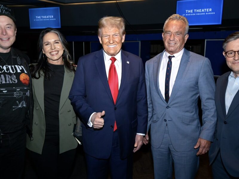 The far-right leadership of the United States, pictured from left-to-right: world's richest person Elon Musk, Republican nominee for National Security Advisor Tulsi Gabbard, President-elect Donald Trump, Republican nominee for the Department of Health and Human Services Robert F. Kennedy Jr., and Republican House Speaker Mike Johnson.