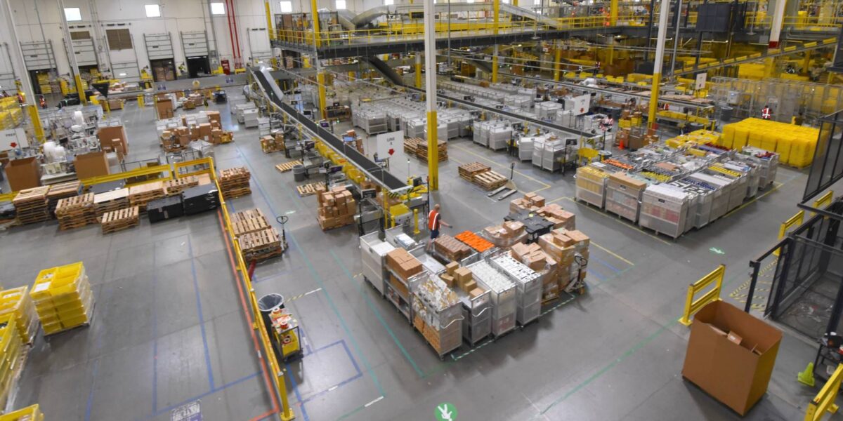 The interior of an Amazon warehouse.