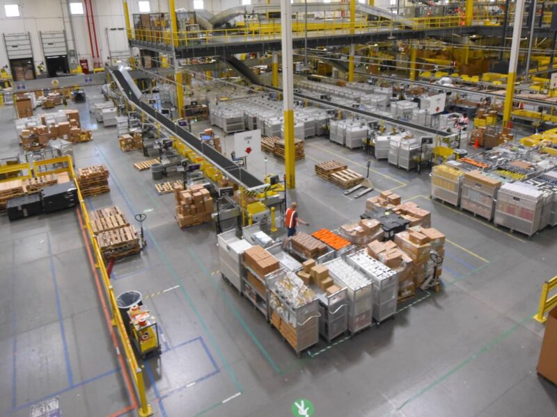 The interior of an Amazon warehouse.