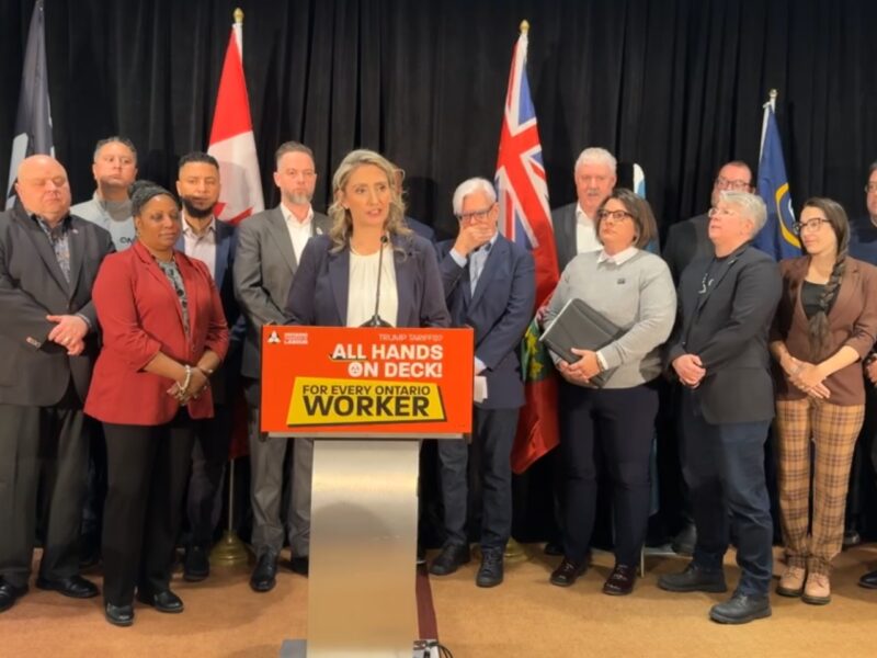 OFL president Laura Walton speaking at the press conference on Monday