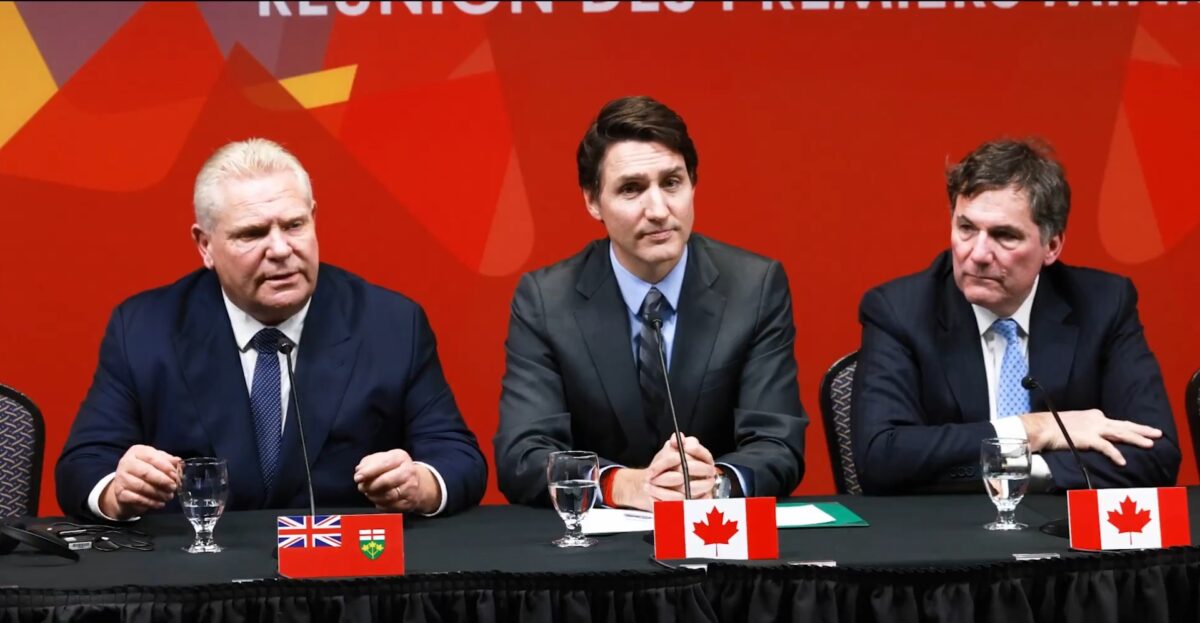 Pictured from left-to-right: Ontario Premier Doug Ford, Prime Minister Justin Trudeau, and federal Finance Minister Dominic LeBlanc.