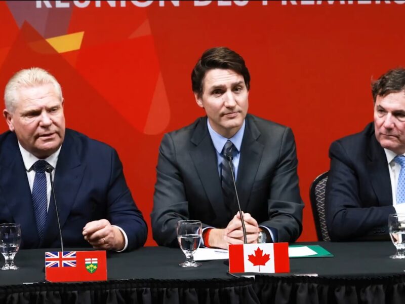 Pictured from left-to-right: Ontario Premier Doug Ford, Prime Minister Justin Trudeau, and federal Finance Minister Dominic LeBlanc.