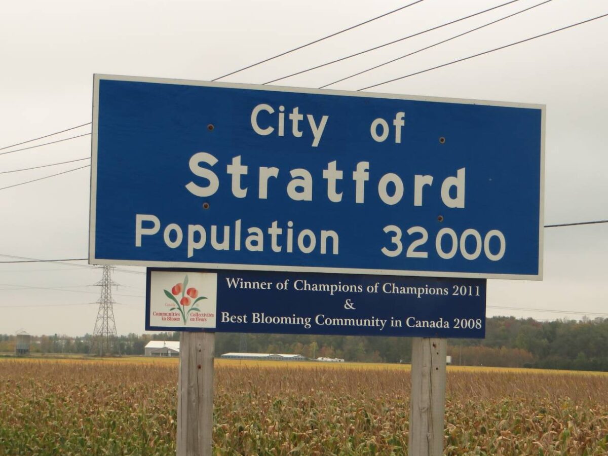 A welcome sign for the city of Stratford, Ontario.