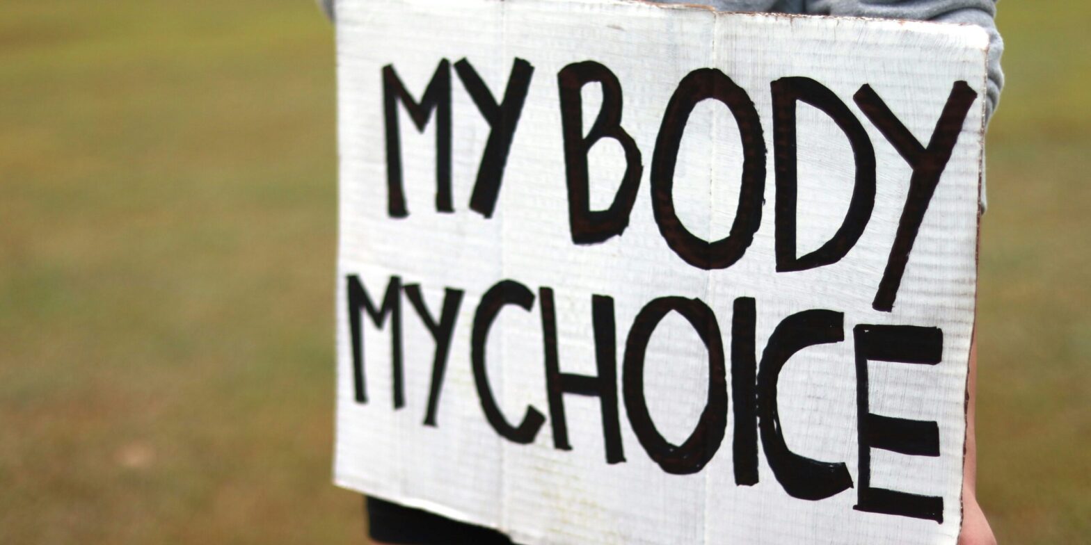 An image of a protest sign that says, "My body, my choice." ARCC, a pro-choice organization, is celebrating a recently passed graphic flyer bylaw in New Westminster.