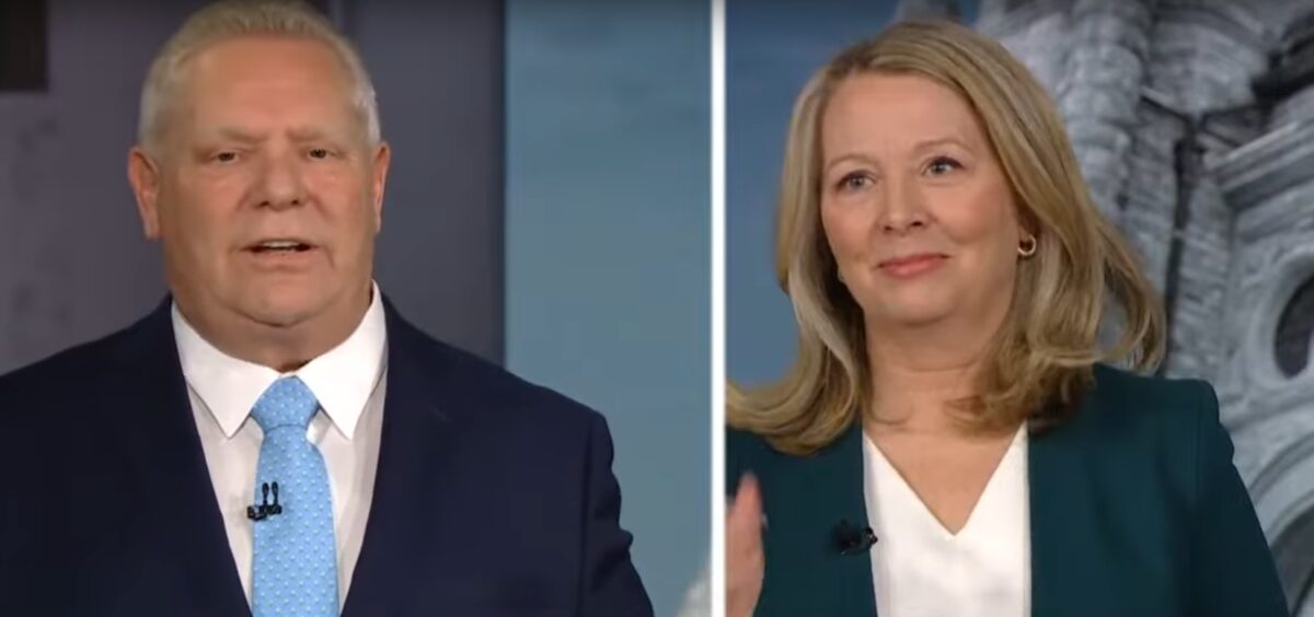 Ontario Progressive Conservative Leader Doug Ford (left) and Ontario NDP Leader Marit Stiles at the debate on Monday, February 17, 2025.