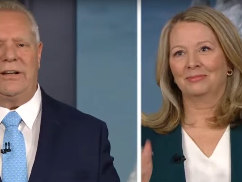 Ontario Progressive Conservative Leader Doug Ford (left) and Ontario NDP Leader Marit Stiles at the debate on Monday, February 17, 2025.