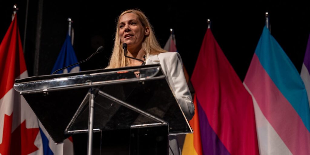 Canadian Heritage Minister Pascale St-Onge speaking at a 2SLGBTQIA+ event in October of 2024.