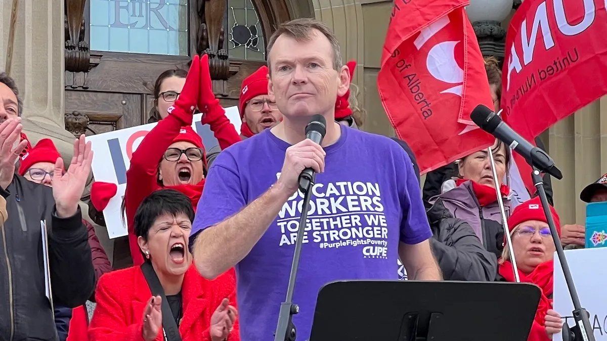 CUPE Alberta President Rory Gill, seen here on the steps of the Alberta Legislature Building last fall.