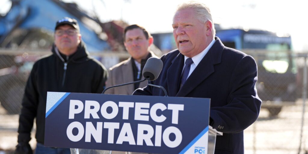 Ontario Premier Doug Ford speaking at a campaign event on February 1, 2025.