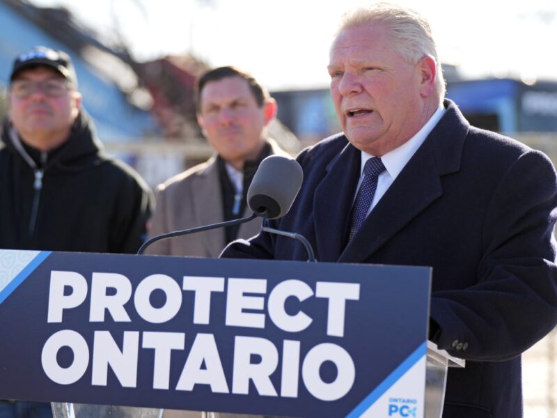 Ontario Premier Doug Ford speaking at a campaign event on February 1, 2025.