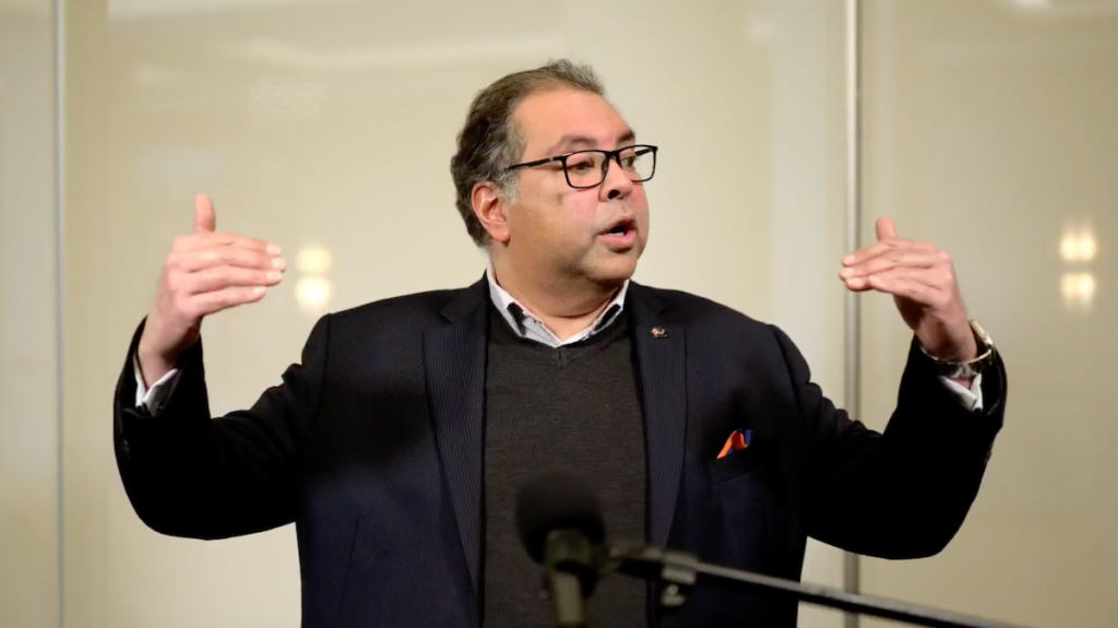 Alberta NDP Leader Naheed Nenshi during his news conference Thursday.