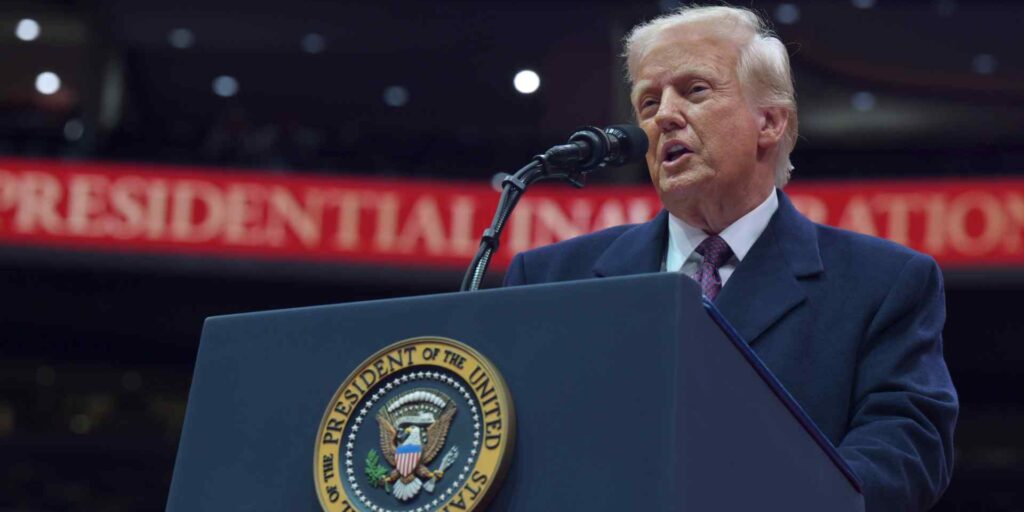 President Donald Trump speaks to attendees during the inaugural parade at Capital One Arena in Washington, D.C., Jan. 20, 2025.