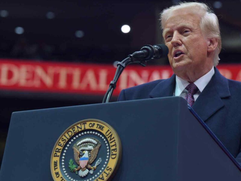 President Donald Trump speaks to attendees during the inaugural parade at Capital One Arena in Washington, D.C., Jan. 20, 2025.