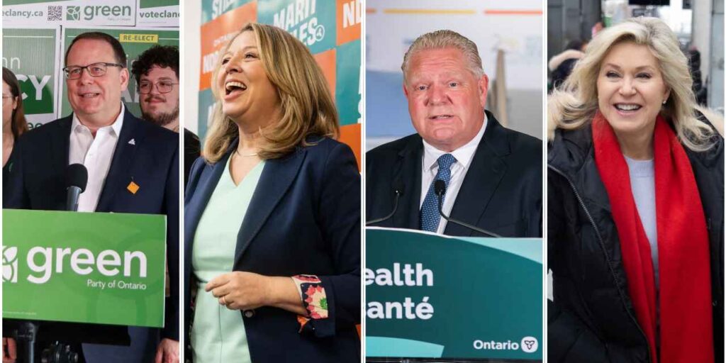 The leaders of Ontario's four major parties pictured from left-to-right: Ontario Green Party leader Mike Schreiner, Ontario NDP leader Marit Stiles, Ontario Progressive Conservative leader Doug Ford, and Ontario Liberal Party leader Bonnie Crombie.