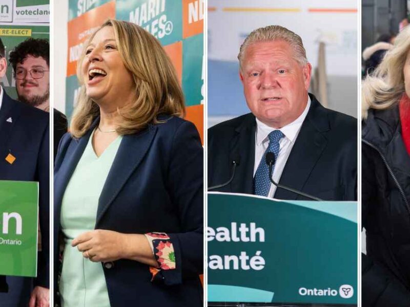 The leaders of Ontario's four major parties pictured from left-to-right: Ontario Green Party leader Mike Schreiner, Ontario NDP leader Marit Stiles, Ontario Progressive Conservative leader Doug Ford, and Ontario Liberal Party leader Bonnie Crombie.