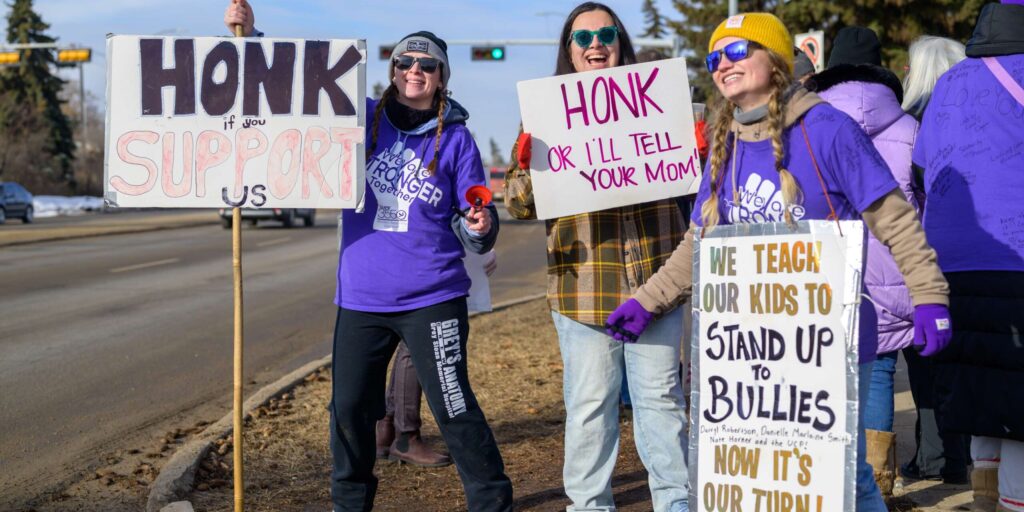 Alberta education support workers on the picket line.