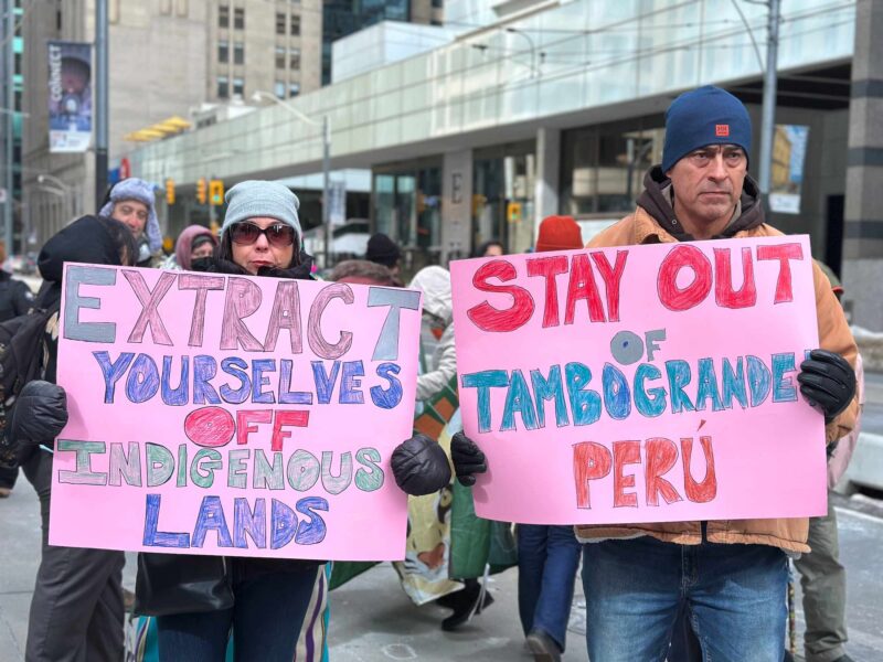 Demonstrators at a rally organized against PDAC by Mining Injustice Solidarity Network in downtown Toronto.