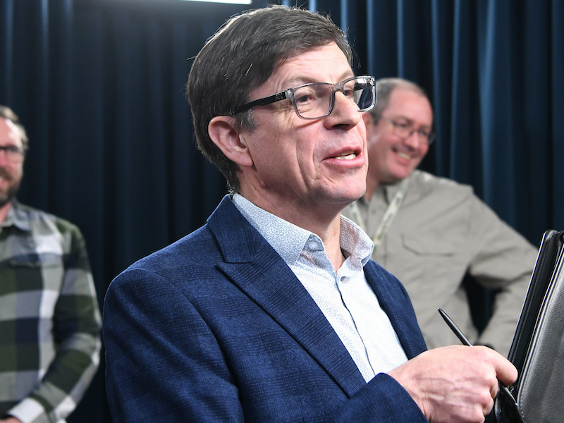 Alberta Parks and Forestry Minister Todd Loewen, carrying his briefcase in the low ready position, at last Thursday’s news conference on Bill 41, the Wildlife Amendment Act, 2025.