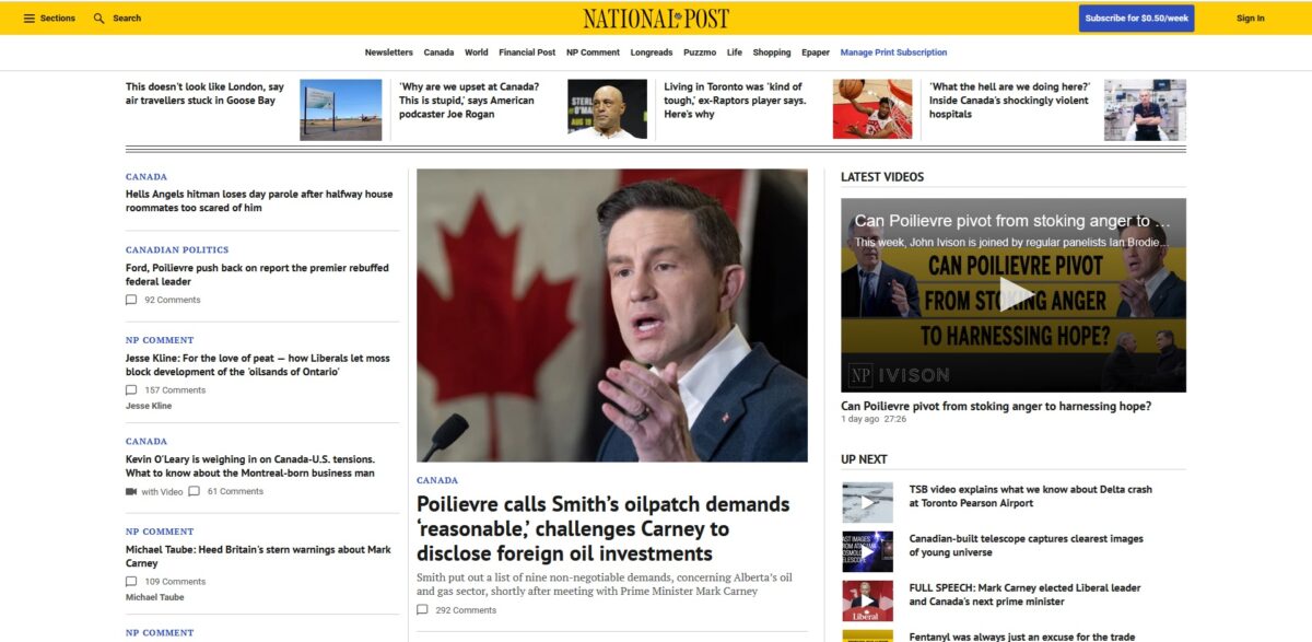 A screencapture of the homepage of the National Post, Postmedia's flagship product, on Friday, March 21.