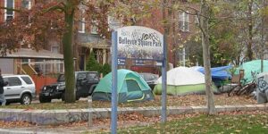 An encampment of the unhoused in a Toronto park.