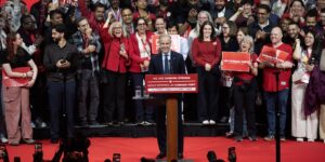 Mark Carney giving his victory speech on election night.
