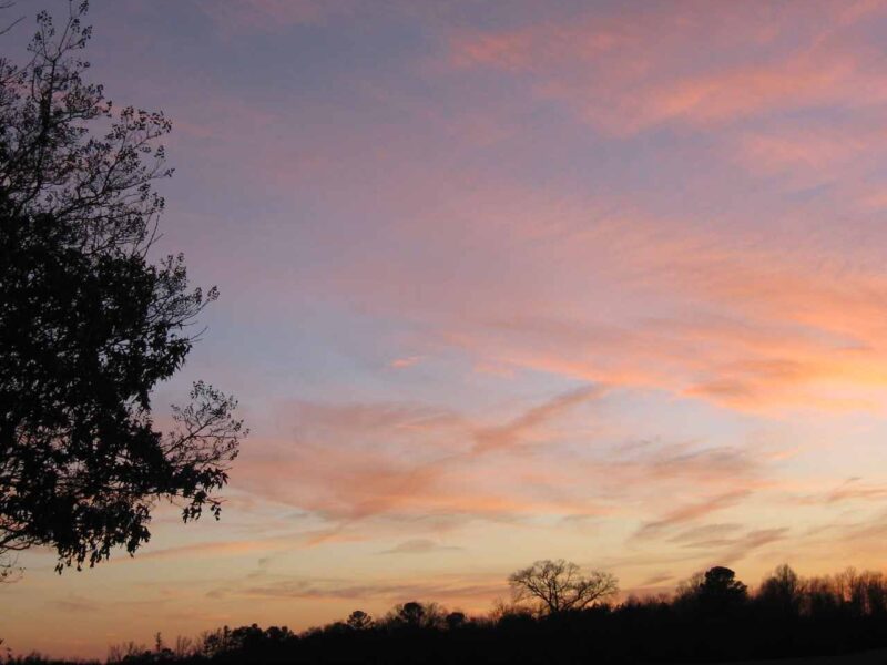 A setting sun with a purple sky and a landscape in a black silhouette.