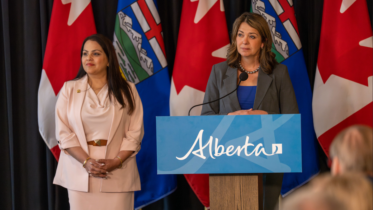 Rajan Sawhney, then still the advanced education minister, and Premier Danielle Smith, introduce the “New North American Initiative” last Friday.
