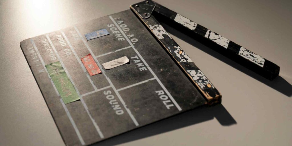 A clapperboard that would be used on the set of a production.