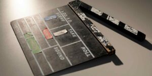 A clapperboard that would be used on the set of a production.