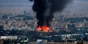 The aftermath of the Israeli attack on the Islamic Republic of Iran Broadcasting building.