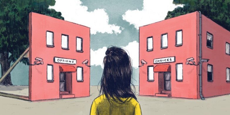 Art of a woman looking at two buildings that advertise offering options. One of the buildings is just a painting on a board. This is the kind of misdirection anti-choice pregnancy centre use to pressure pregnant women out of an abortion according to ARCC.